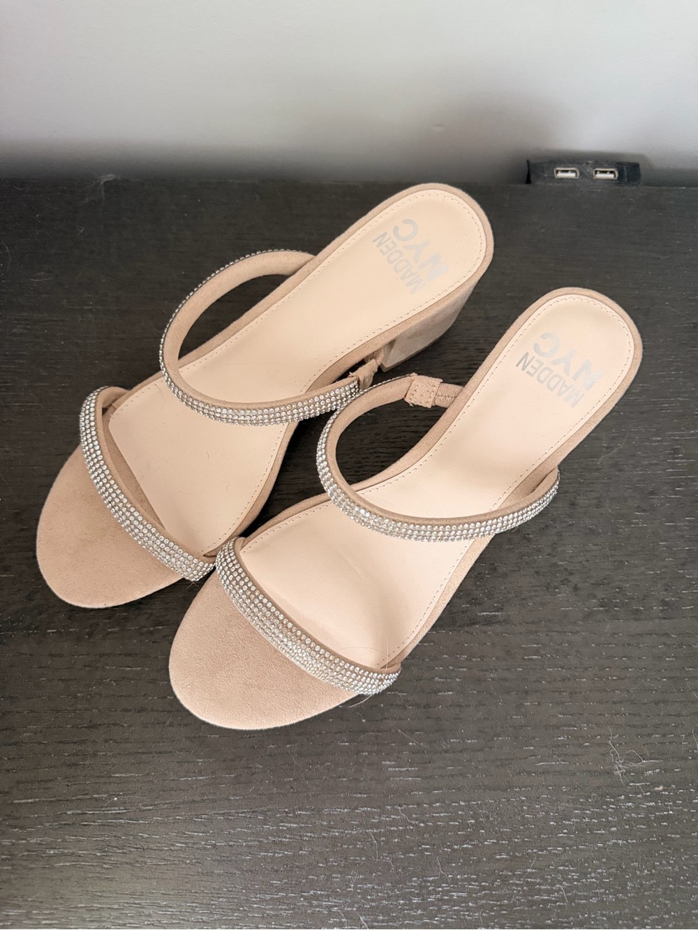 Nude Rhinestone Double-Strap Block Heel Sandal